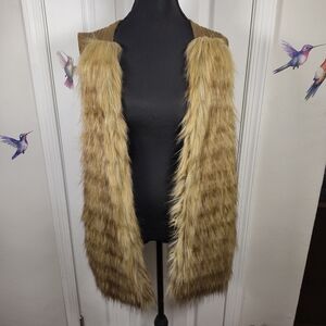 Chico's Faux Fur Trim Longline Knit Sweater Vest Brown Size 1 Medium Boho Glam
